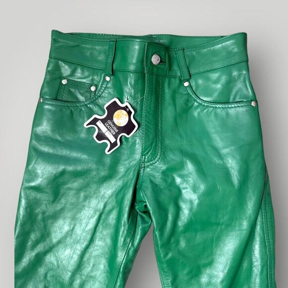 NYRVA Green Genuine Leather Flare Pants Size 28 High Waist Retro Y2K- L34 - Picture 3 of 11